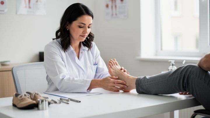 Une femme podologue réalise une évaluation du pied dans un cabinet moderne, ambiance calme et professionnelle, lumière naturelle et intérieur minimaliste.