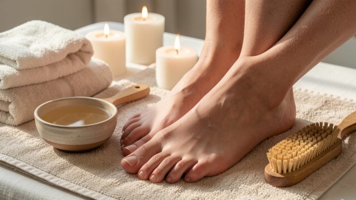 Pieds detendus posés sur une serviette claire, avec accessoires de soin et ambiance bien-être douce, lumière naturelle et détails apaisants.