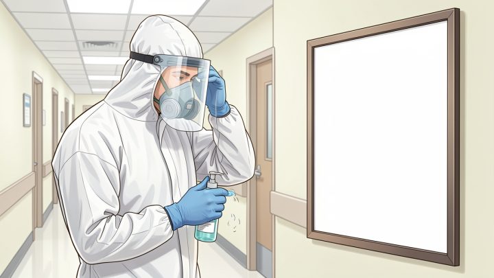 Illustration médicale de prévention contre Ebola : un soignant en équipement de protection montre et effectue les gestes d’hygiène des mains dans un environnement médical propre.