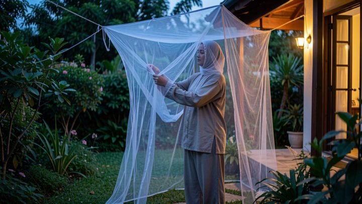 Une femme portant des vêtements couvrants se tient sous une moustiquaire dans un jardin au crépuscule, dans une ambiance réaliste de prévention santé.