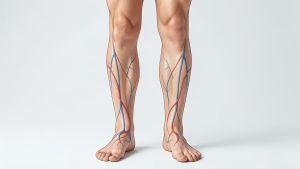 Illustration médicale réaliste montrant les jambes et les pieds d’un homme adulte, avec une représentation discrète des vaisseaux sanguins périphériques sous la peau.