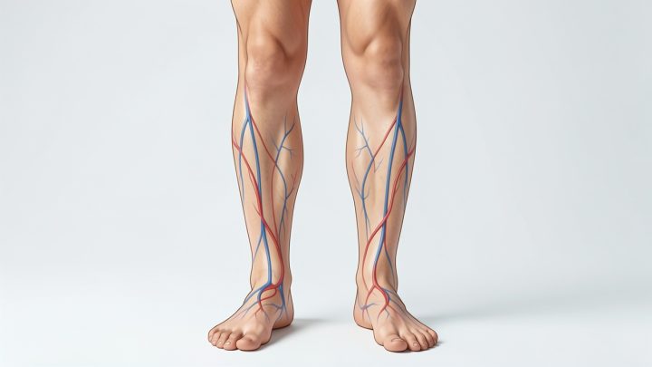 Illustration médicale réaliste montrant les jambes et les pieds d’un homme adulte, avec une représentation discrète des vaisseaux sanguins périphériques sous la peau.