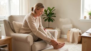 Femme d’âge mûr examinant calmement ses pieds chez elle, dans une lumière naturelle et une ambiance rassurante.