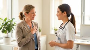 Une femme salariée pose doucement la main sur sa poitrine et échange avec une professionnelle de santé dans un bureau lumineux, dans une ambiance rassurante de prévention médicale.
