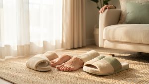 Pieds détendus posés sur un tapis doux, avec des chaussures confortables soigneusement rangées dans une maison lumineuse.