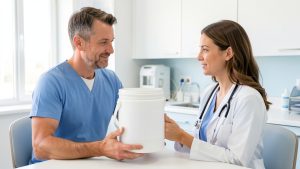 Un homme montre un contenant agricole sans inscription à une médecin dans une salle de consultation lumineuse et rassurante.