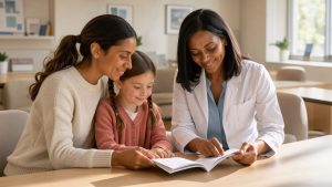 Une mère et sa jeune fille consultent un carnet de santé vierge avec une pédiatre dans un cabinet lumineux et rassurant.