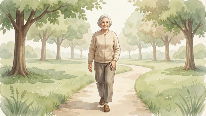 Femme âgée marchant lentement dans un parc paisible, une main posée délicatement sur sa cuisse, dans une illustration médicale sobre et rassurante.